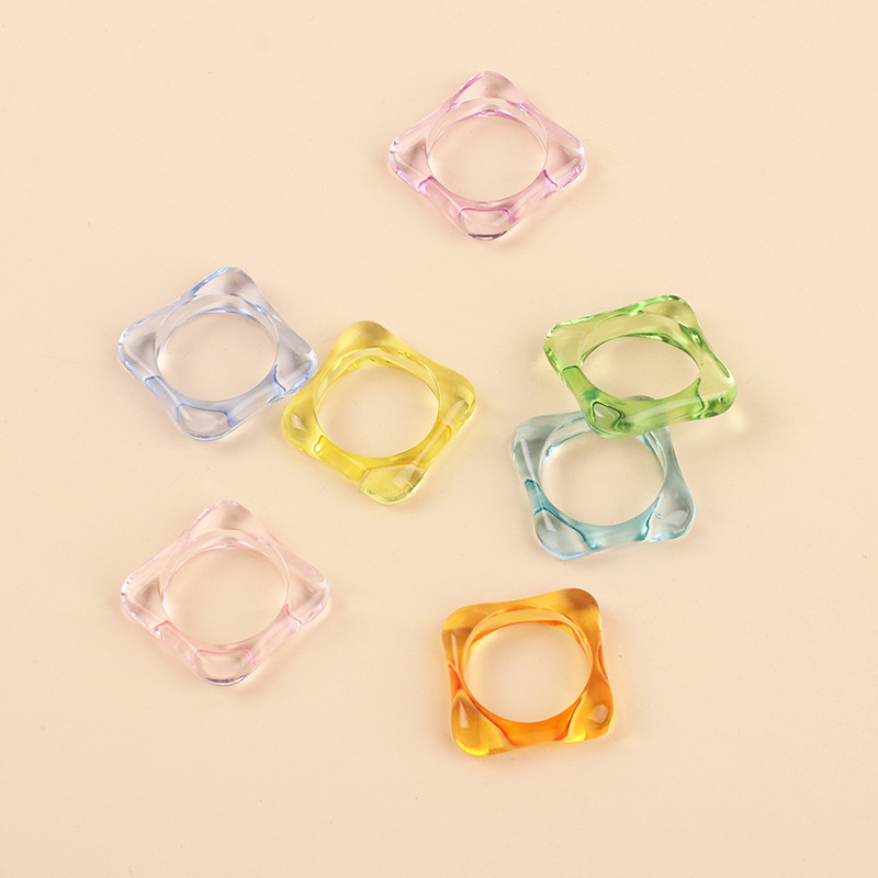 2g Weight Solid Color Pattern Women'S Gender INS Style Style Lake Blue, Pink, Green, Blue, Yellow Color One Size Size Simple Candy Color Square Acrylic Transparent Ring Set 2