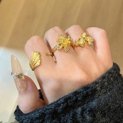 復古港風金色拉絲扇形開口戒指女新中式時髦輕奢氣質百搭食指戒潮