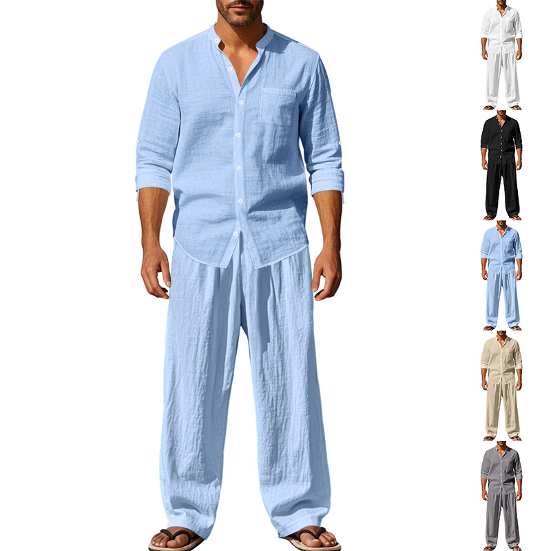 Cross-Border Amazon Tumu Men's All-Season Linen Casual Loose Breathable Long-Sleeved Pants Shirt Beach Suit for Men