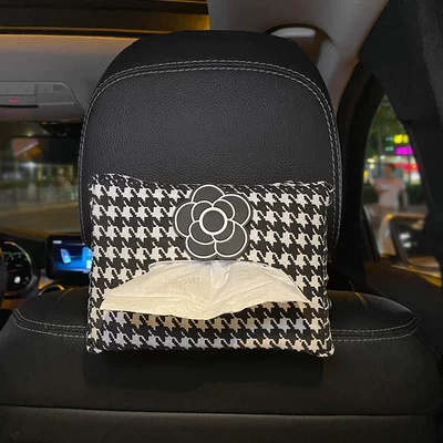 Car Tissue Box, Hanging Type, High-End Houndstooth Design, Interior Accessory, Armrest Box, Car Tissue Holder (Car tissue box/set) - camellia-houndstooth-tissue-box