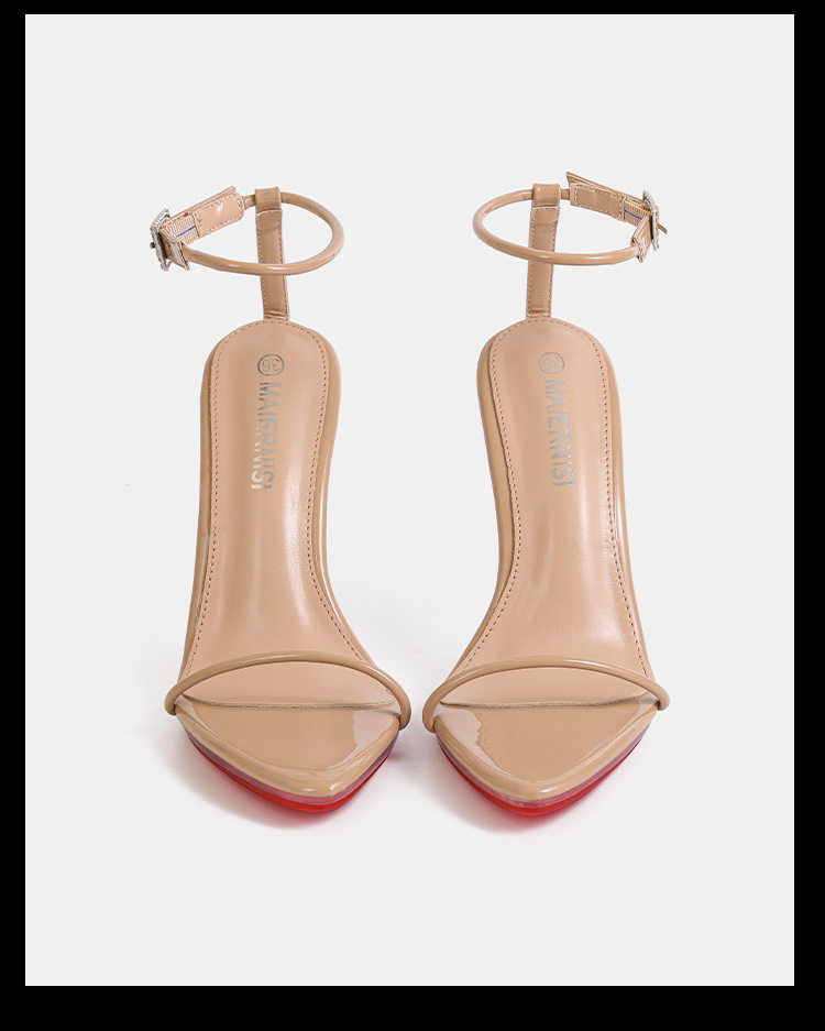 Sandal cao gót nữ quai ngang mảnh gót nhọn đế đỏ, có dây buộc cổ chân — Màu be, Màu bạc, Màu trắng, Màu tím chi tiết 12