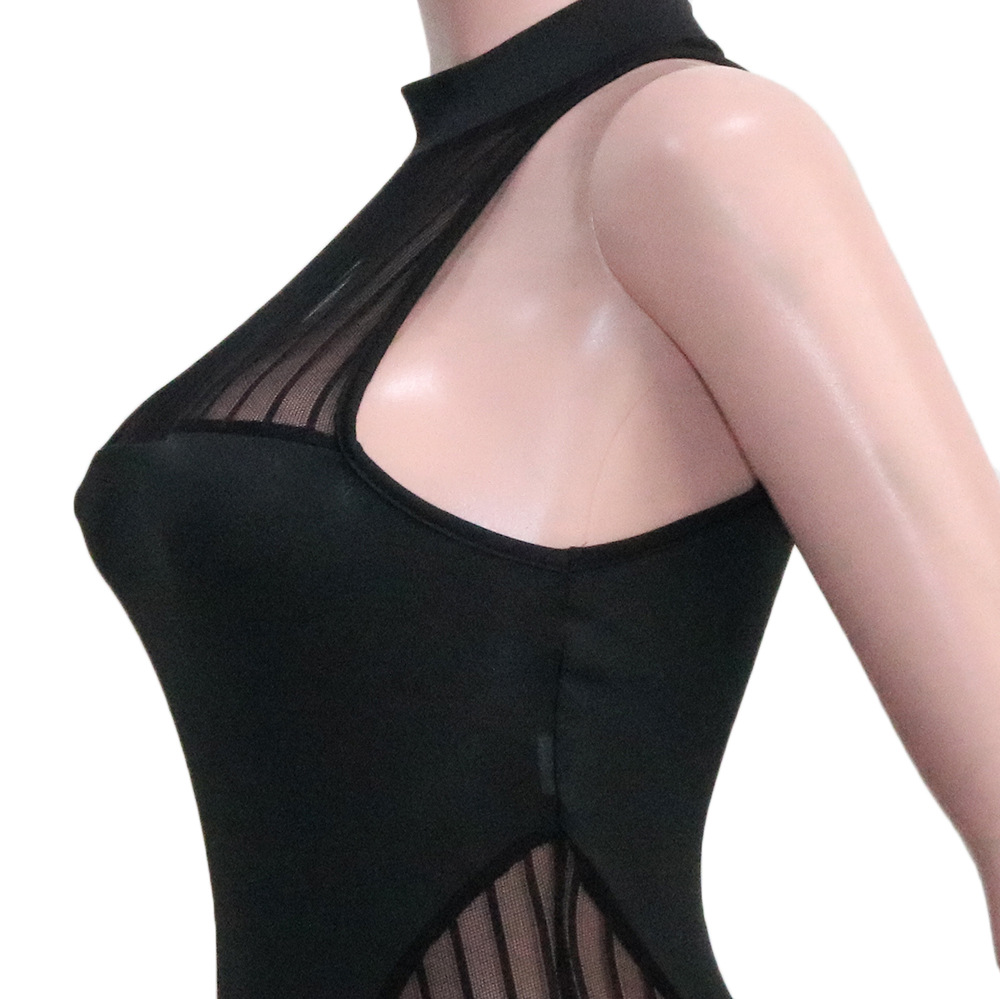 Sexy Bold Stripes Mesh See-through Sleeveless round Neck Jumpsuit for Women