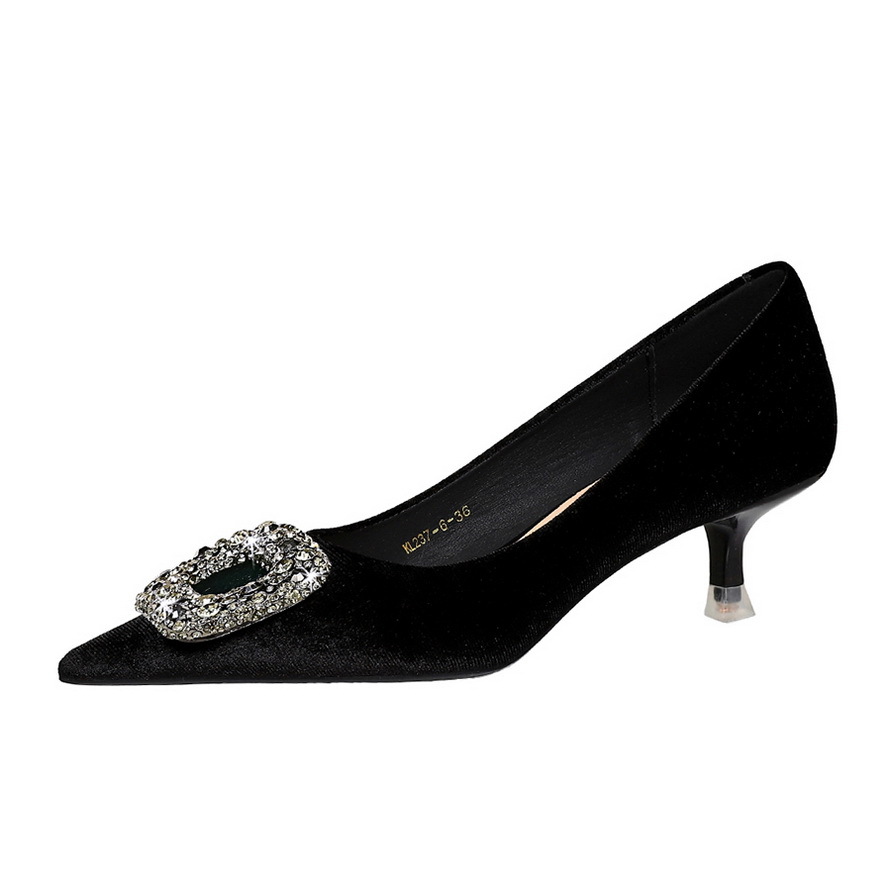 237-K83 Banquet Style Women's Shoes with Thin Heels, Medium Heels, Shallow Mouth, Pointed Toe, Thickened Suede Metal Water Diamond Button Single Shoes