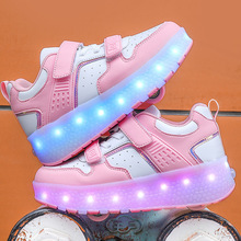 跨境新款双轮暴走鞋带灯充电轮滑运动发光轮子鞋男女童可收缩双轮