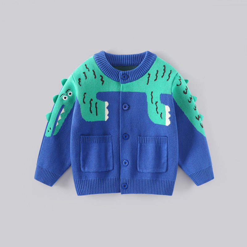 Autumn Boys' Knitwear Cardigan Category a Knitwear Korean Cartoon Dinosaur Double Layer Knitwear Round Neck Knitwear for Children and Middle-Aged Children