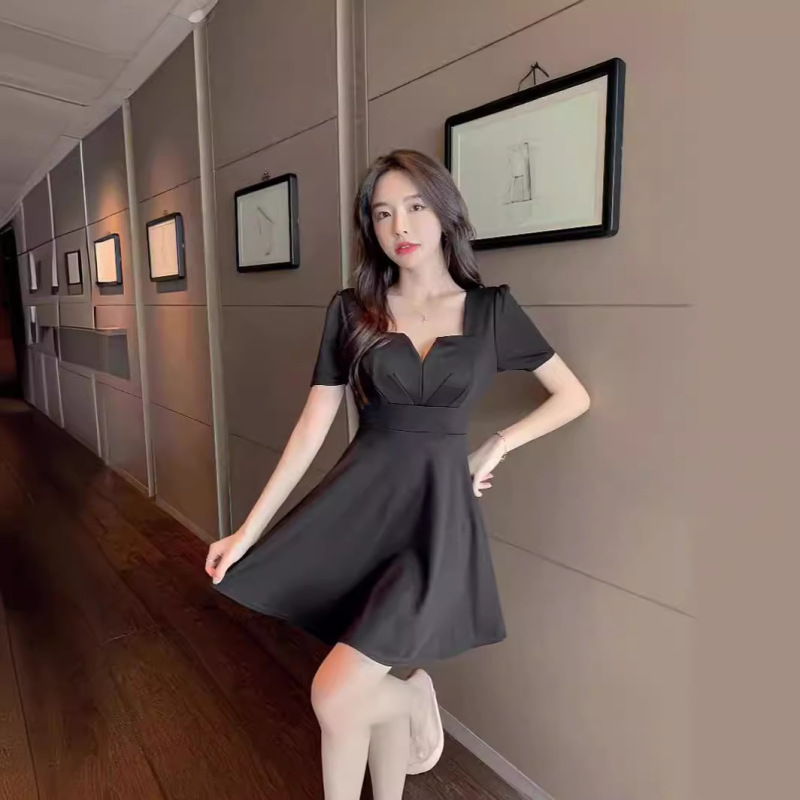 Cross-border wholesale small solid color dress French high square collar dress waist slimming temperament short skirt