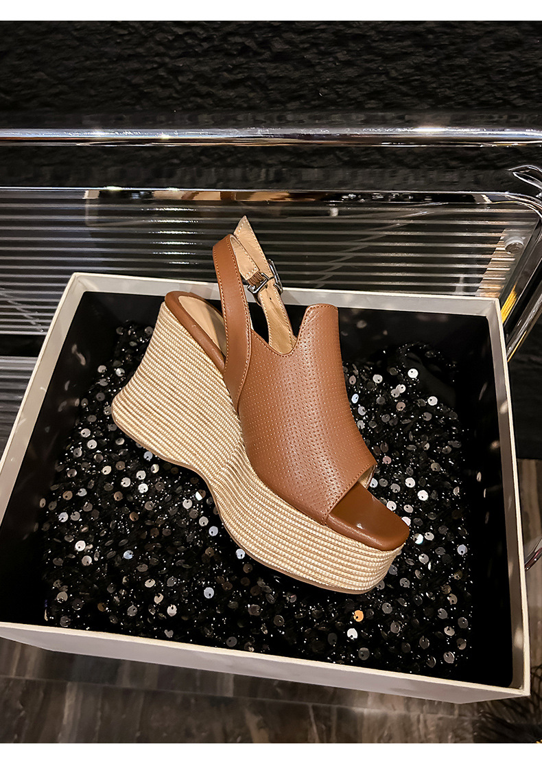 Sandal nữ hở mũi đế xuồng cao 10 cm quai hậu phong cách La Mã — màu nâu, màu trắng ngà chi tiết 16