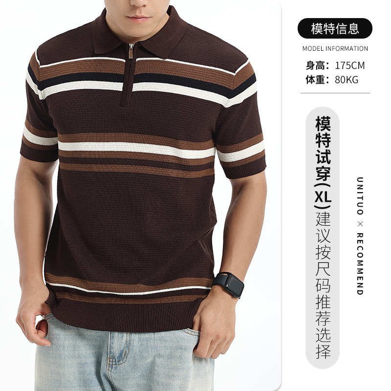 Europa y Estados Unidos polo transfronterizo ligero comercial casual a rayas con solapa papá verano camisa de punto de manga corta polo hombre