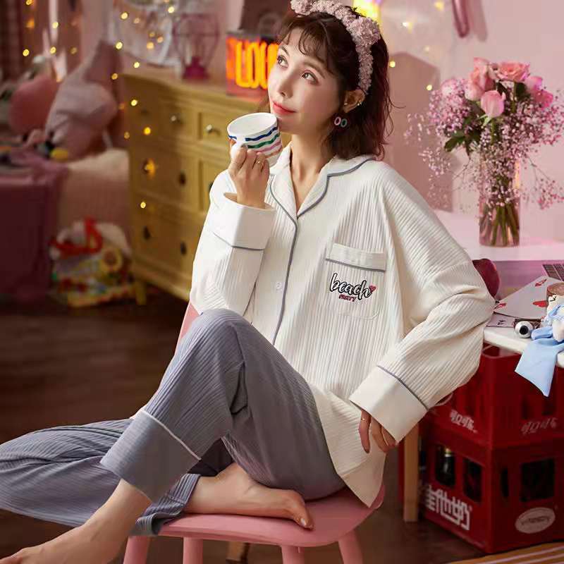Tiktok mismo estilo pijamas de algodón de las mujeres de primavera y otoño de manga larga más tamaño se puede usar fuera de algodón desgaste del hogar traje de verano