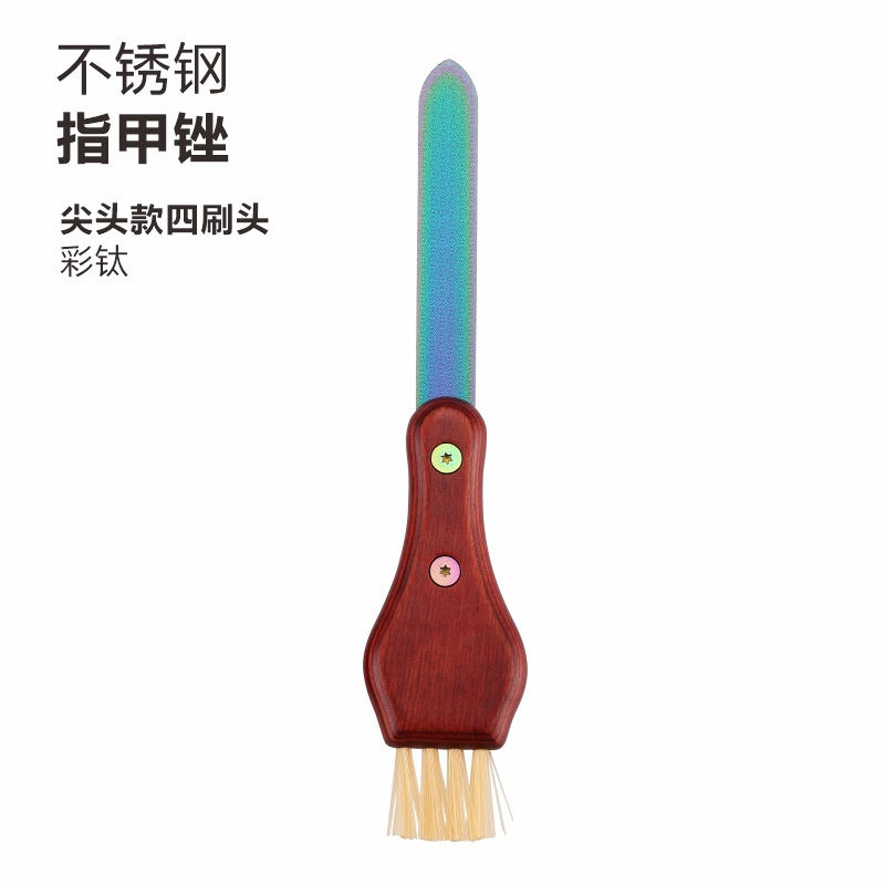 Colored titanium color; pointed style with four brush heads and colored wooden handle