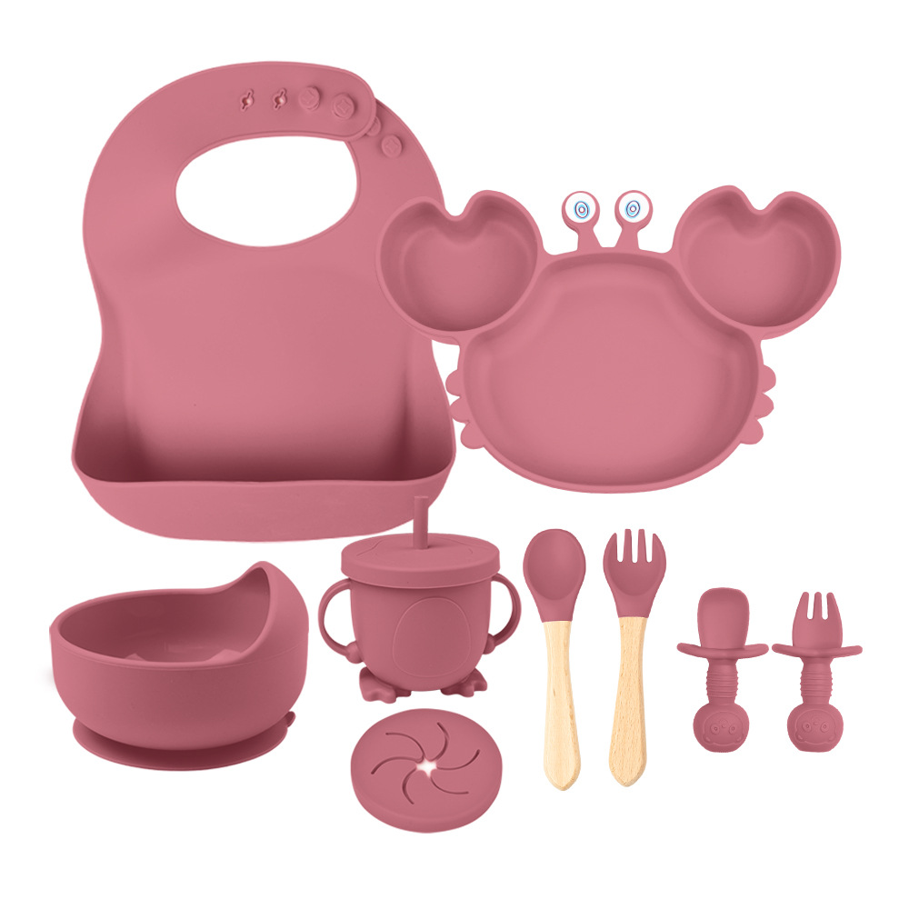 다크핑크 9종 세트 (턱받이 + 꽃게 접시 + 곰 흡착판 그릇(스낵 뚜껑 포함) + 보완 그릇 + 실리콘 포크 + 나무 손잡이 포크와 스푼)