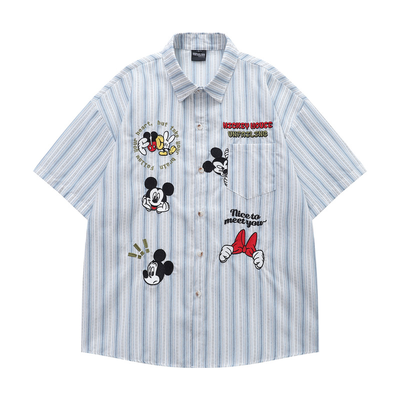 Japanese Style Retro Mickey Mouse Embroidered Striped Short Sleeve Shirt for Men and Women Summer Fashionable Loose Casual Couple Shirt