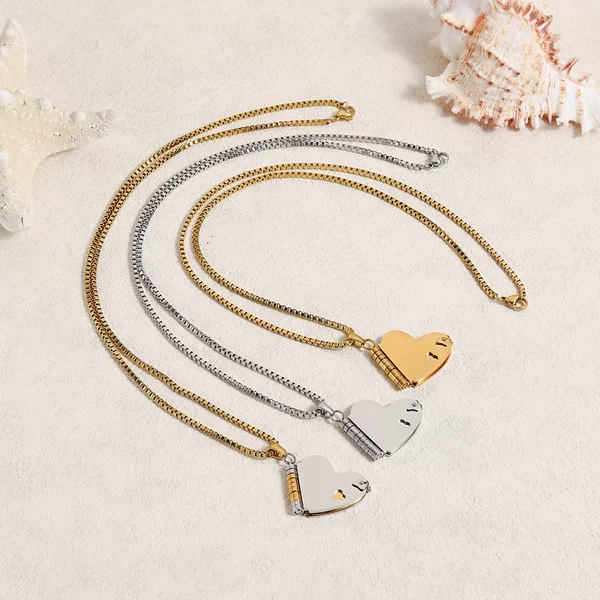 Stainless steel spliced openable heart pendant necklace, light luxury niche unisex collarbone chain, can be DIY engraved
