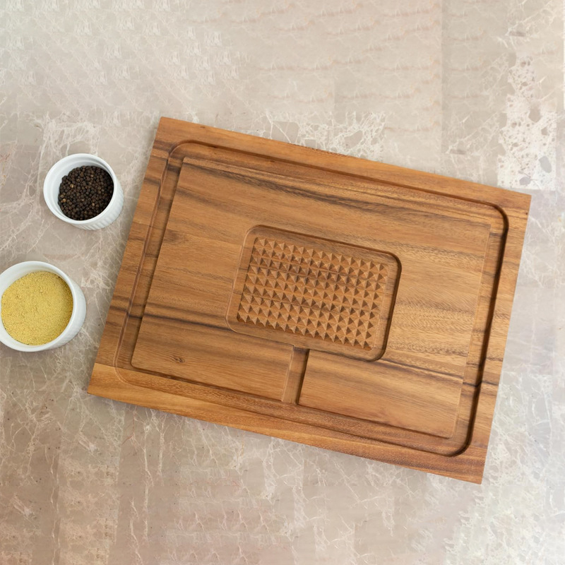 Mesa de madera de acacia con jugo de frutas, mesa de carne, filete, plato de pan, mesa de mesa de cocina, tablero de corte de madera, tablero de corte de verduras