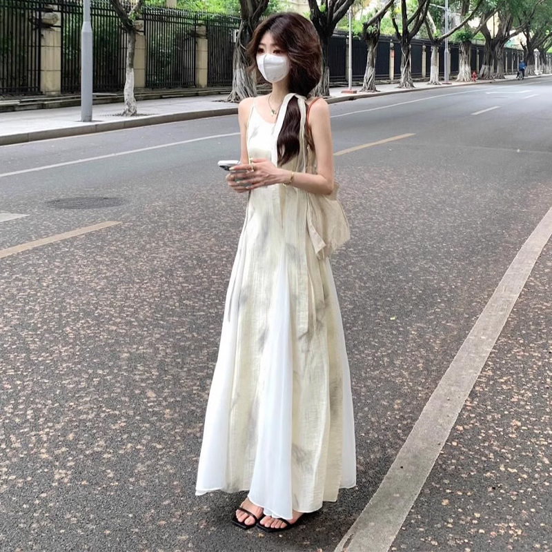 新中式国风水墨画吊带连衣裙女夏网纱拼接收腰度假风扎染大摆长裙|undefined