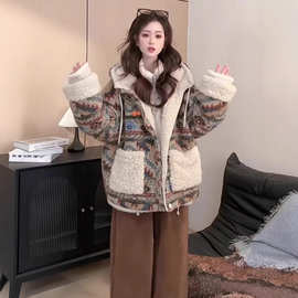 复古双面穿撞色防羊羔毛棉服外套女2025冬季新款连帽宽松保暖外套