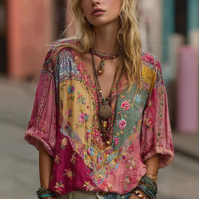 Cross-Border Spring and Summer European and American Resort Style Loose Printed Bohemian V-Neck Tops and Shirts