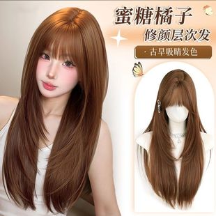 Wig Female Natural Net Ancient Baby Japanese Style Style Full Bangs Caramel Warm Brown High Layered Long Straight Wig Full Head Cover