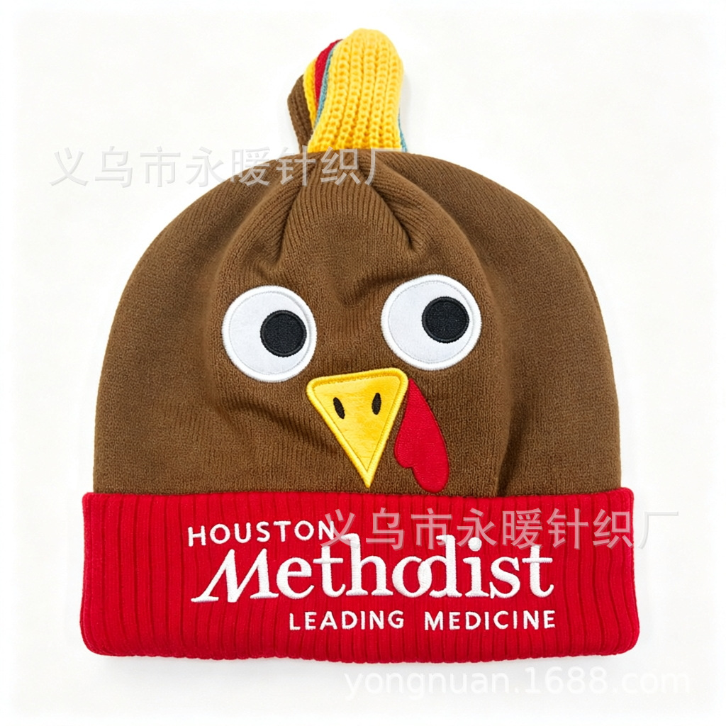Thanksgiving cartoon turkey embroidered knitted beanie custom logo holiday event promotional gift woolen hat factory
