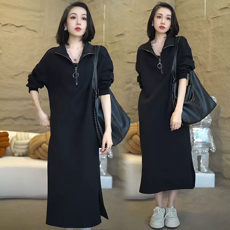 韩国拉链设计感连衣裙女2025秋冬新款立领开叉过膝卫衣中长款裙子