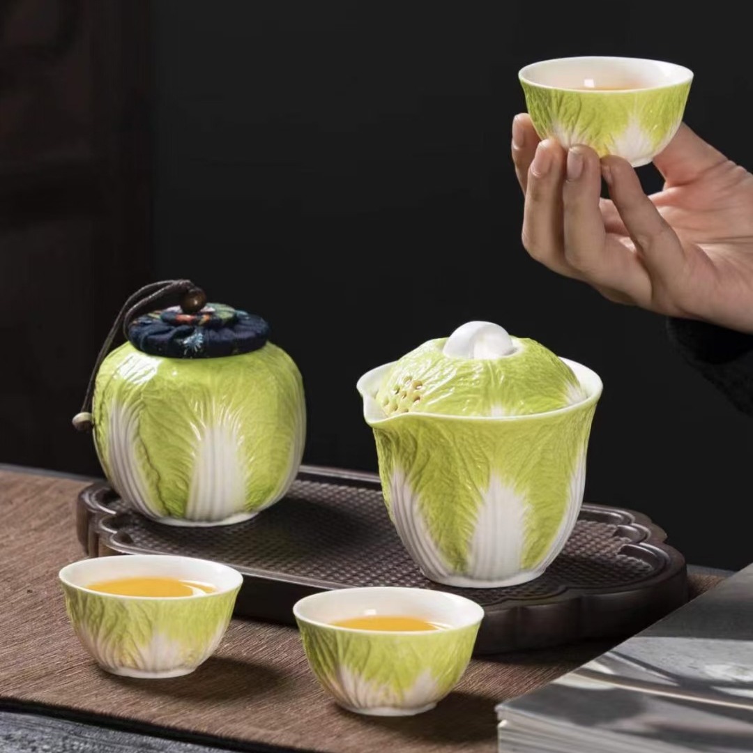 Portable Travel Tea Set Set of 100-Wealth Cups, Cabbage Style, High-End Ceramic Gongfu Pot with Three Cups, Outdoor Fast Travel Mug