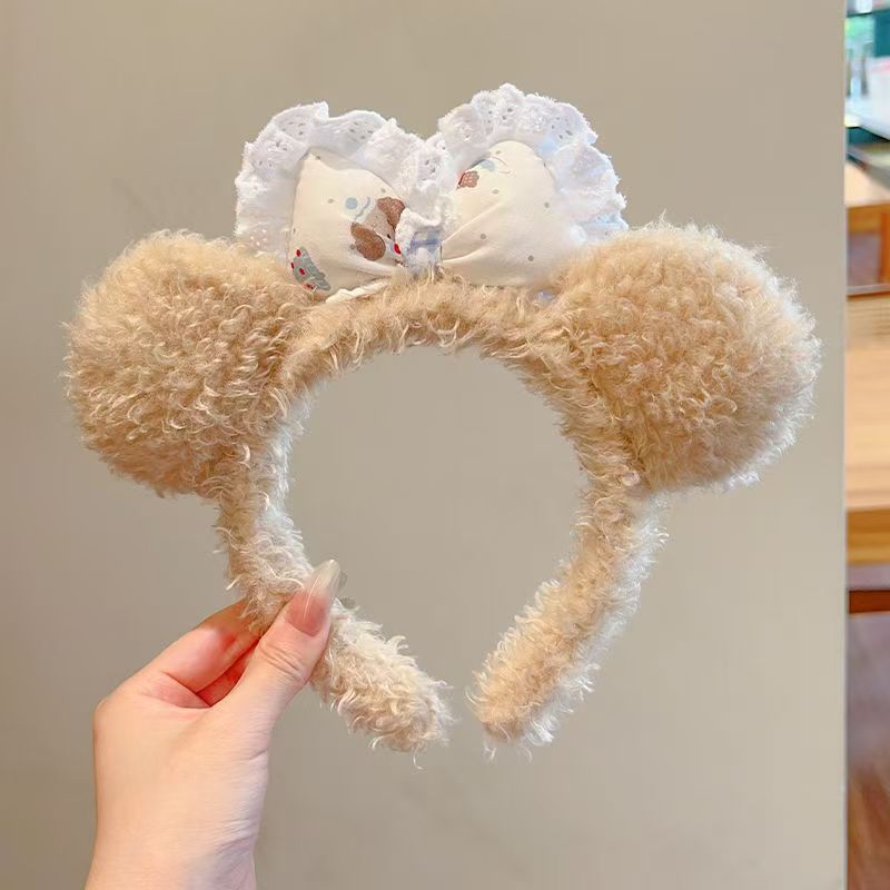 Diadema de felpa con lazo y encaje de oso - Caqui