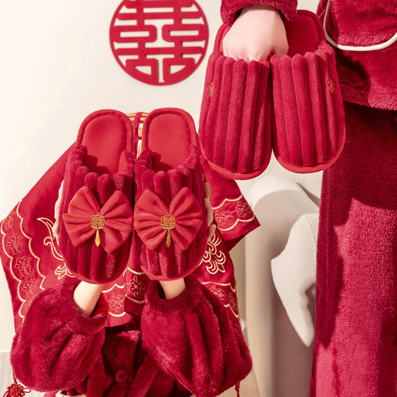 利达妮结婚拖鞋女秋冬季情侣喜庆红色一对家居保暖防滑新婚棉拖|undefined