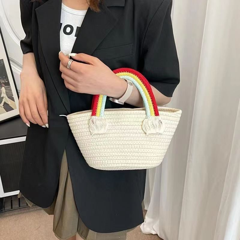 Petit sac à main tissé en corde de coton arc-en-ciel, cadeau de mariage, sac pour femmes, polyvalent, sac à main de Style occidental_voghion.com