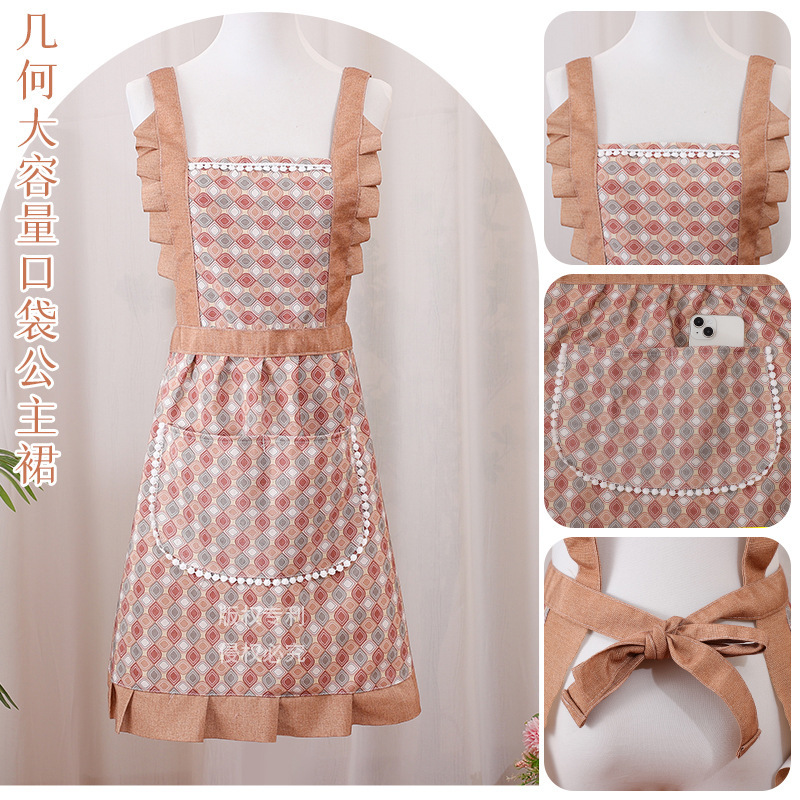 Fashion Stylish Strap Princess Dress Large Pocket Anti-pollution Women's Apron Home Kitchen Cooking Dirty Resistant Work Clothes
