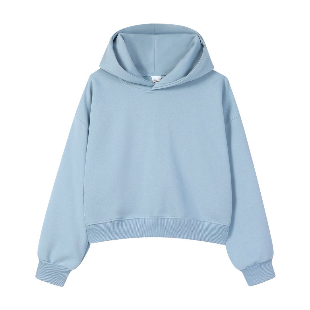 Marca de moda de color sólido con capuchón de plata, camiseta corta de hombro para mujeres otoño y invierno pesado 450g con camiseta con capuchón cálida y casual