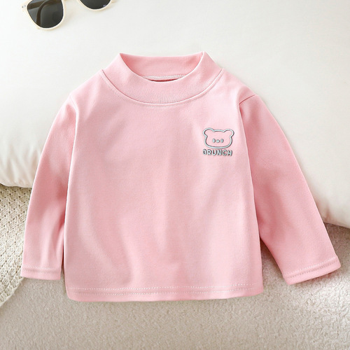 Children's spring, autumn, winter, velvet bottomed shirt, semi-high-collar, Korean style, small and medium-sized children's top, baby's long-sleeved warm T-shirt