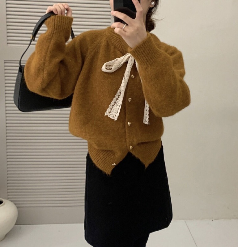 韩系甜美风秋冬毛衣女宽松设计感蕾丝蝴蝶结圆领针织开衫外套上衣|undefined