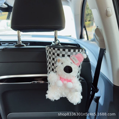 Car tissue box/set decoration - pink-scarf-hat-west-highland-black-and-white-bubble-pattern-trash-can-with-trash-bags-seat-version