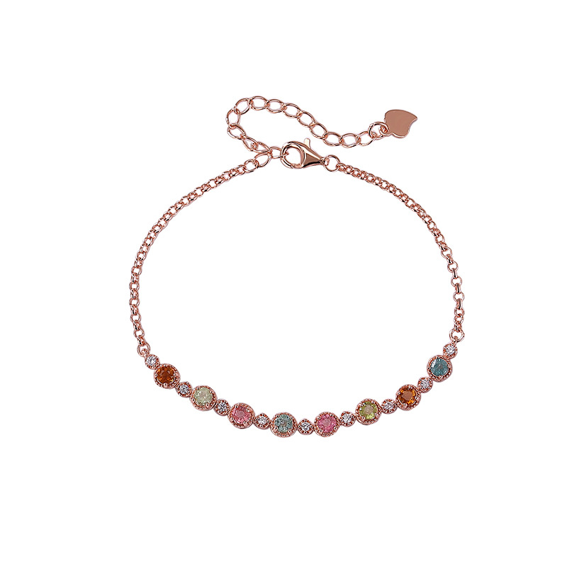 Vòng tay bạc S925 mạ vàng hồng đính tourmaline hạt tròn hình học — Một mảnh (tourmaline màu ngẫu nhiên)