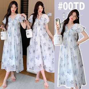 Pregnant Women Summer Dress dress 2025 New Chinese Style National Style Butterfly Long Dress Bubble Sleeve Sweet Dress Summer