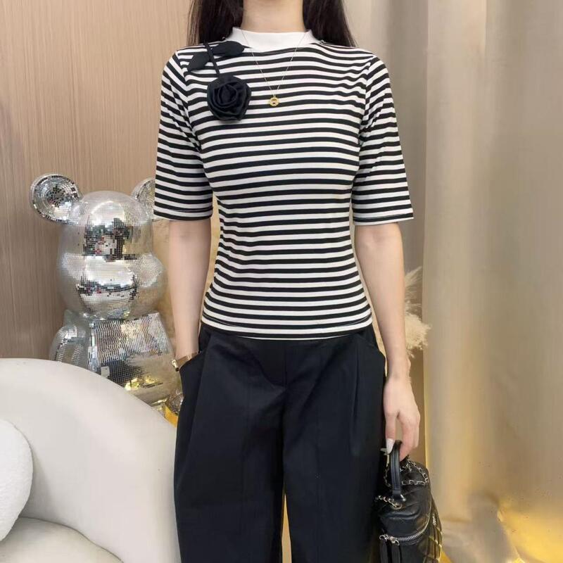 2025早秋法式领口花朵装饰常规款圆领中袖时尚显瘦休闲纯色女9088|undefined