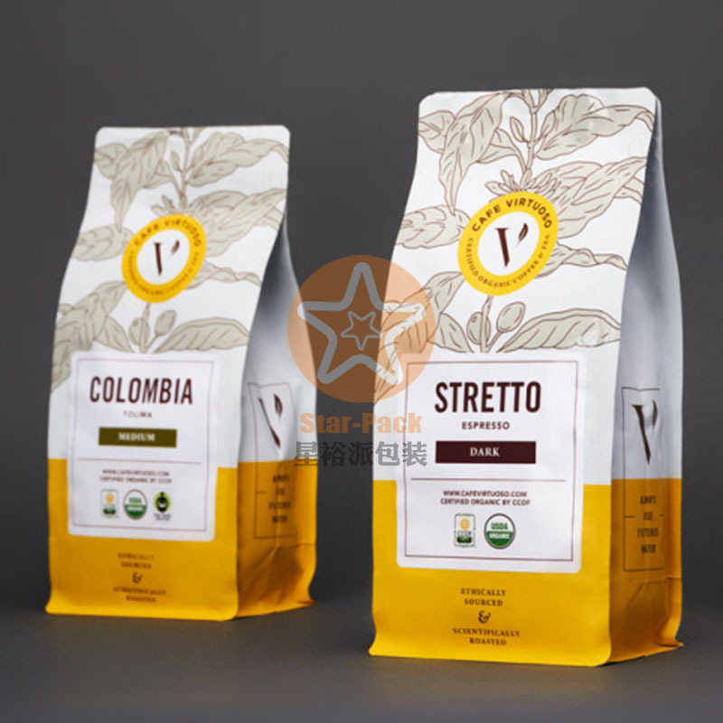 新款水性油墨表层无膜白牛皮纸咖啡袋 八边封自立自封气阀咖啡袋
