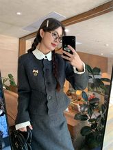 大码女装法式小香风娃娃领收腰短款外套+高腰半身裙显瘦两件套女