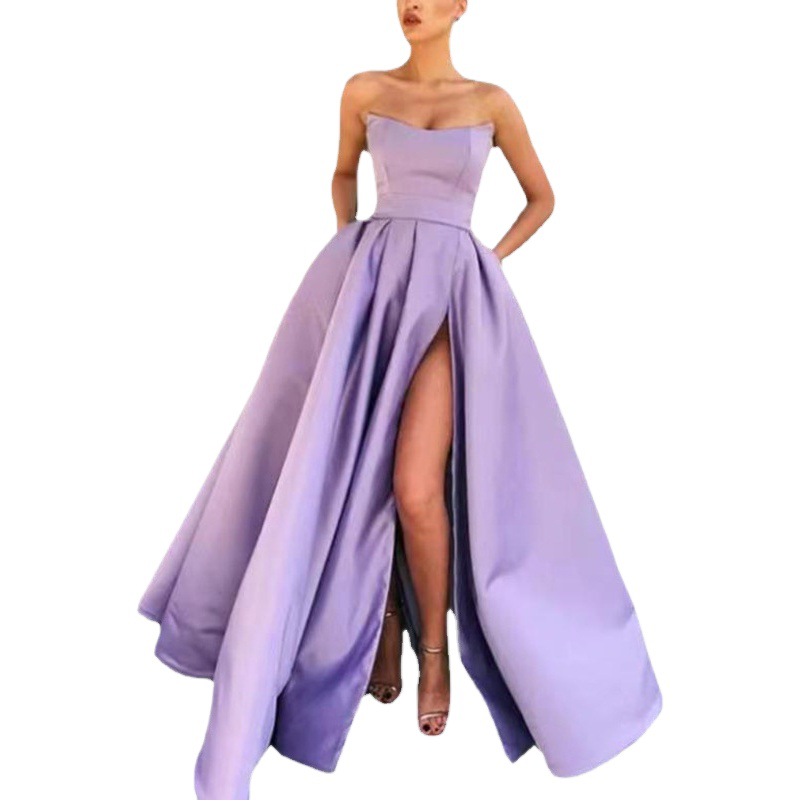 2025 nuevo vestido de comercio exterior europeo y americano, vestido de actuación, top de tubo sexy, vestido de noche de anfitrión de banquete largo dividido