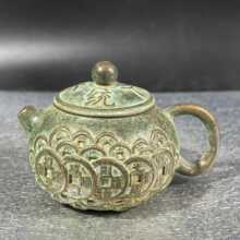 仿古纯铜绿绣包浆五帝钱茶壶酒壶水壶一统天下工艺品摆件
