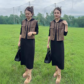 时尚套装裙女2025秋季新款时髦洋气麂皮绒马甲连帽卫衣裙两件套裙