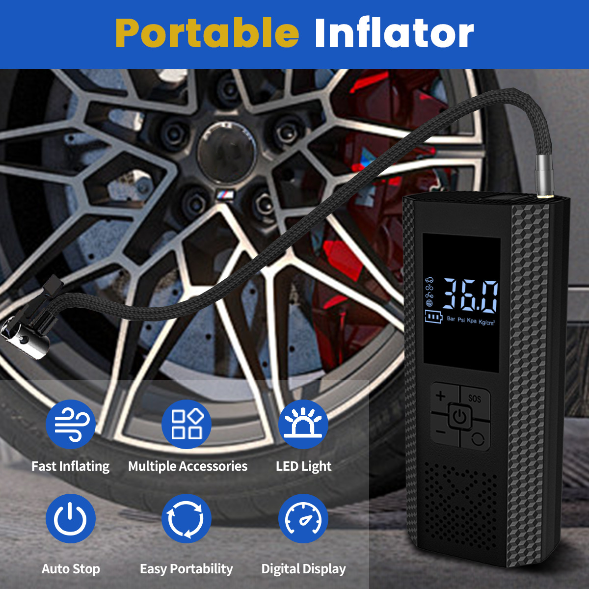Black portable car air pump with digital display, preset tire pressure inflator, outdoor rescue emergency jump starter inflator