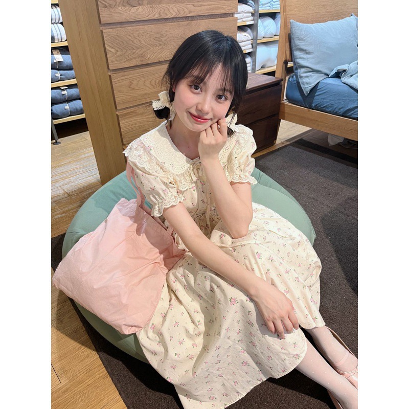 French Tea Break Puff Sleeve Floral Dress Women's Waist Slimming