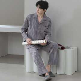 男士睡衣春秋款纯棉长袖长裤开衫休闲简约可外穿秋冬季家居服套装