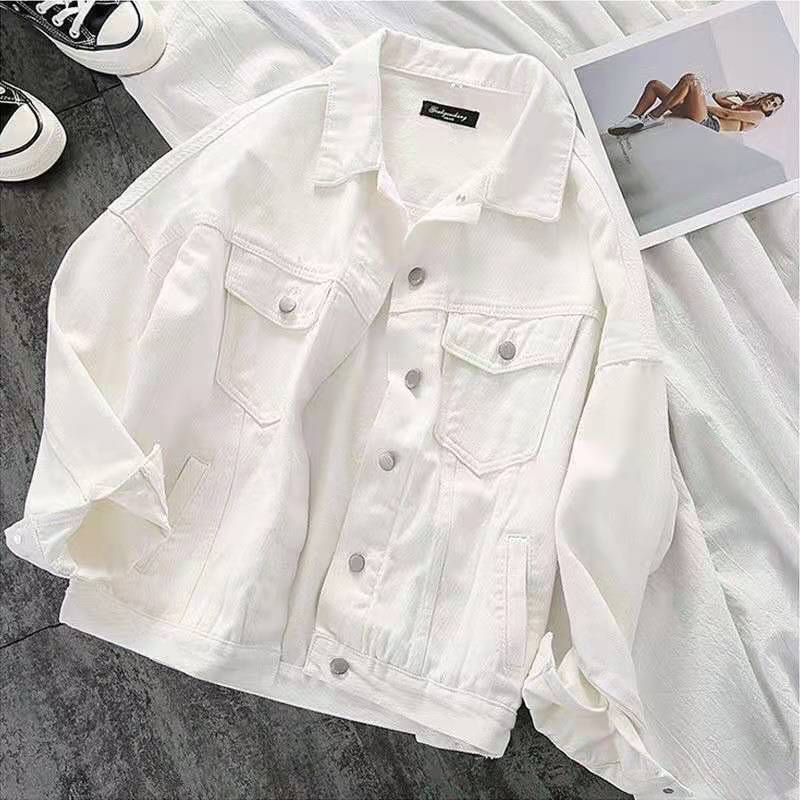 2025 Spring and Autumn New Single-Breasted Denim Lapel Solid White Temperament Commuting Cotton Short Jacket Korean Style Jacket
