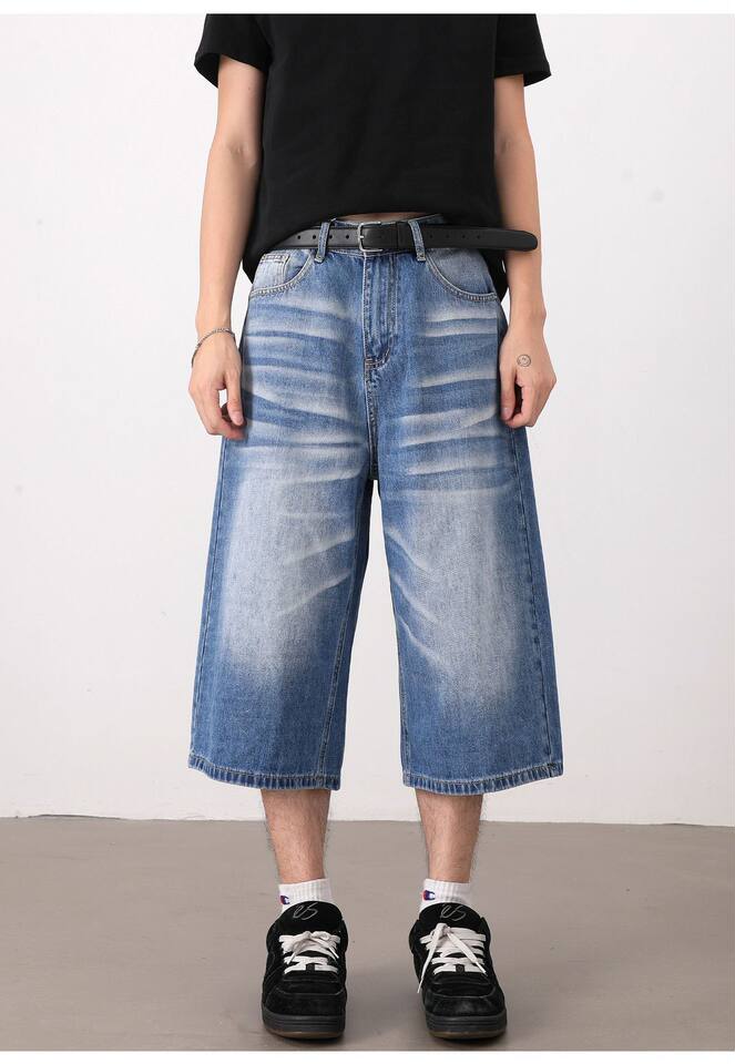 Quần short jeans nam ống rộng dáng lửng phong cách retro giặt mài — Màu xanh dương, Xanh nhạt chi tiết 20