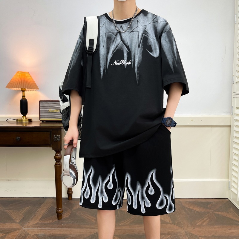 Verano hombre cuello redondo juego deportivo mangas cortas pantalones cortos casuales dos piezas juego camiseta de moda juvenil versátil