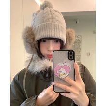 韩系小众设计感麻花针织毛球系带护耳毛线帽子冬季新款保暖包头帽