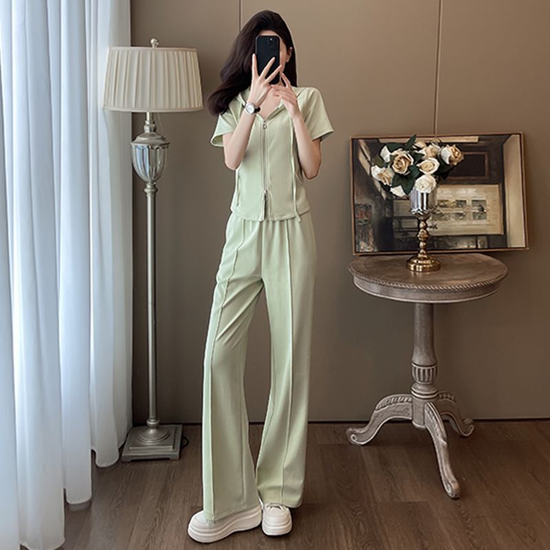 Casual Sports suit Women's Summer New Fashionable Western Style Slim Fit Age-reducing Hooded Short-sleeved Top Wide-leg Pants Two-piece Set