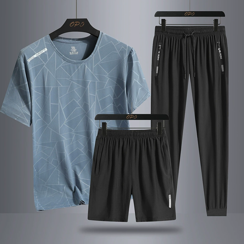 Летний костюм из ледяного шелка 2025 года, трехкомпонентный, быстросохнущий, тонкий, футболка с коротким рукавом, шорты и брюки, модный для молодых студентов